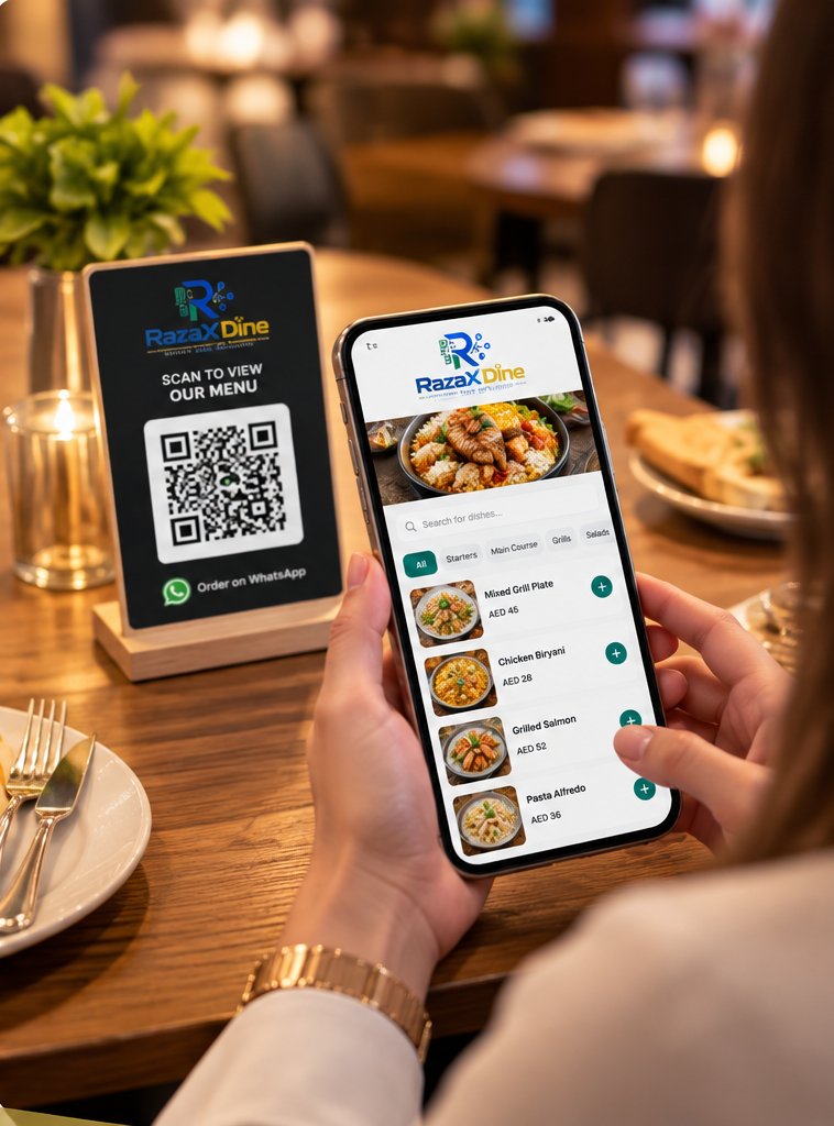 Customer browsing the RazaX Dine digital menu next to a QR code table stand